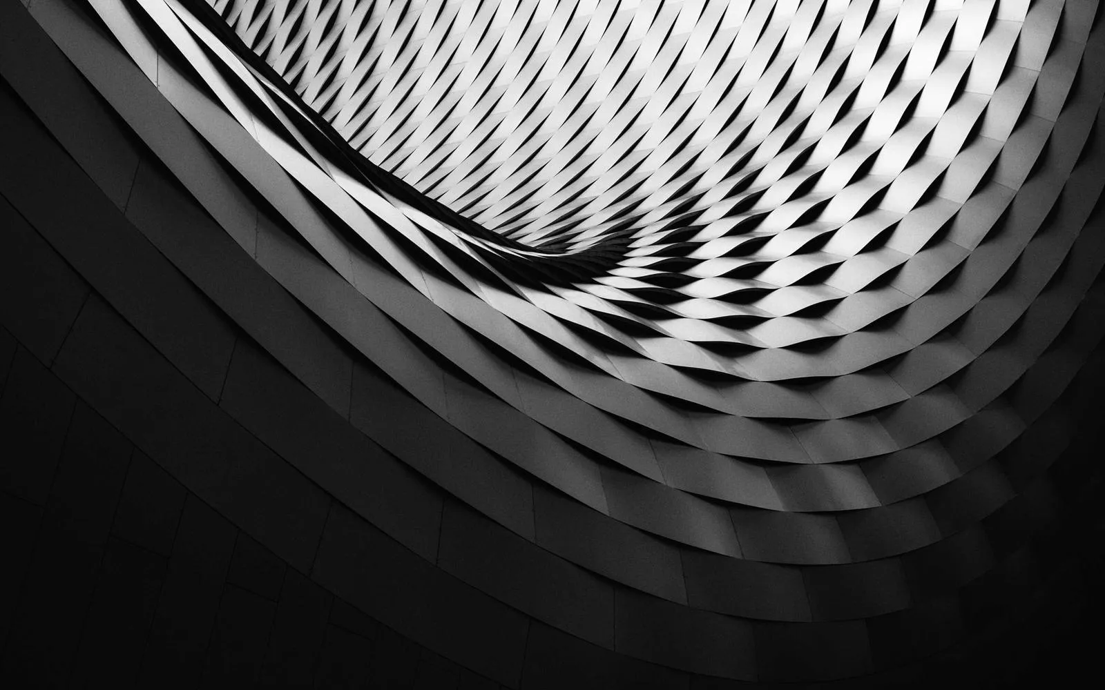 A curved latticed building facade, in black and white