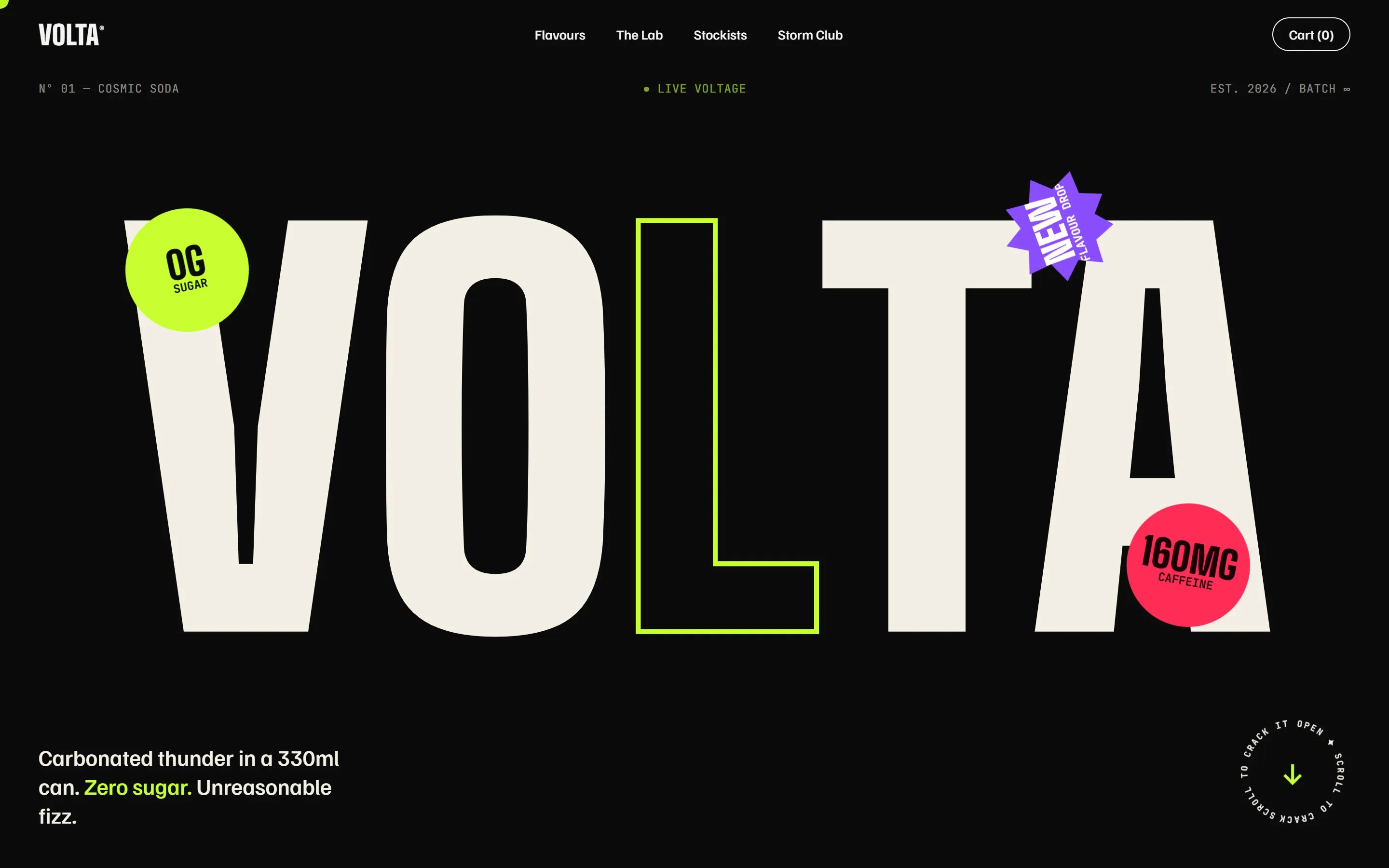 Home page of the Volta soda concept website