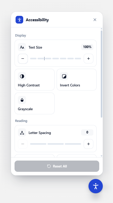 The EZ Accessibility panel open, with text size, high contrast, invert colors, grayscale and letter spacing controls, and the round accessibility button below it